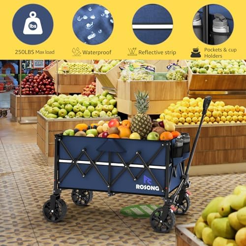 ROSONG Collapsible Wagon Cart with Wheels Foldable - Folding Utility Heavy Duty Wagons Carts for Grocery Sports Garden Shopping Camping Wheelbarrows (Navy Blue, 150L) - Image 3