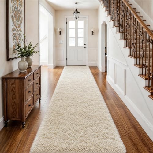 Ophanie Runner Rug for Hallway,2.5x12 Washable Non-Slip Fluffy Soft Bedside Rugs,Bedroom Living Room Shaggy Carpet for Kids Girls Boys Dorm Nursery Decor Aesthetic,Ivory with Over 99 pcs Pile fibers by Ophanie