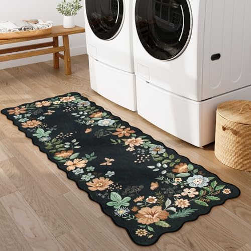 Lahome Floral Kitchen Runner, 2x5 Scalloped Washable Runner Rug Non Slip - Image 2