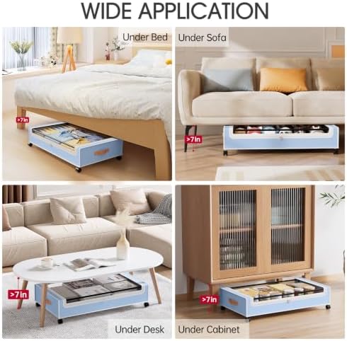 Yecaye Under Bed Storage with Wheels, 2 Pack Under Bed Storage Containers, 60L Underbed Shoe Storage with Clear Window & Label, Rolling Under Bed Metal Drawer for Clothes, Shoes, Books, Blankets, Blue - Image 6