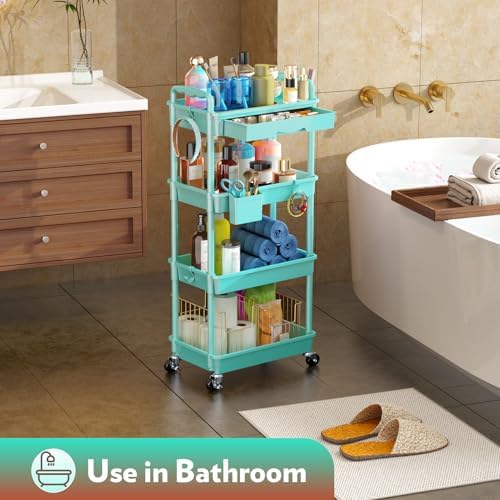 SUNALLY Makeup Cart Organizer with Drawer, 4 Tier Rolling Makeup Cart, Blue - Image 7