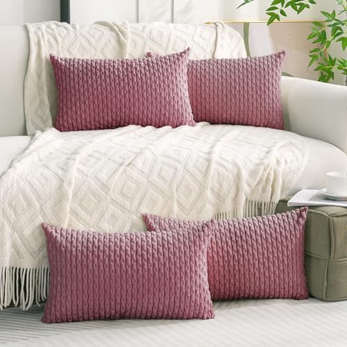 Set of 4 Pink Decorative Throw Pillow Covers 12x20 Inch Corduroy Pillow Covers for Bed Couch Sofa Living Room Soft Cushion Cases by Cozoomy