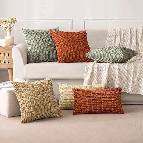 MIULEE Corduroy Decorative Throw Pillow Covers 18x18 Light Olive Pack of 2 - Image 3