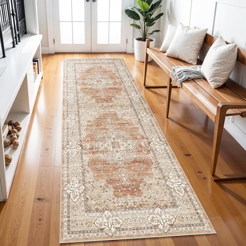3x8 Washable Hallway Runner Rug - Non-Slip Vintage Rugs Terracotta Beige - Image 2