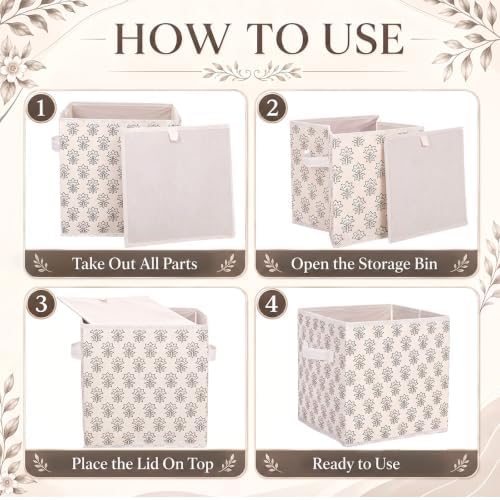 Bokon 6 Pcs 11'' Block Print Storage Bins Cube Beige Floral Storage Basket - Image 3