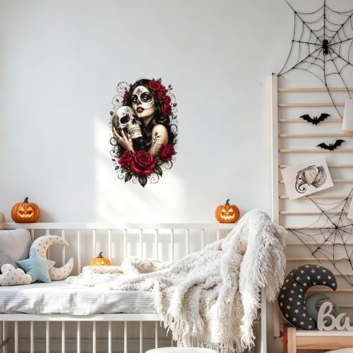 Sugar Skull Woman Wall Decals Peel and Stick Gothic Floral Wall Stickers, Day of the Dead Style Removable Vinyl Wall Decor, Rose Skull Wall Art for Bedroom Living Room Halloween Party Decorations - Image 3