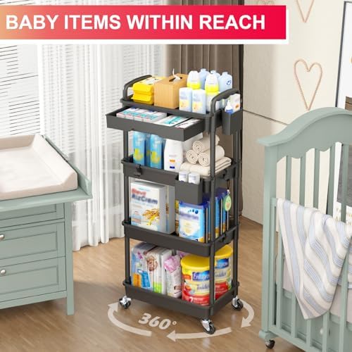 Goovilla 4 Tier Rolling Utility Cart Organizer with Removable Drawer, Black - Image 6