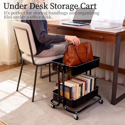 2 Tier Cart with Wheels Heavy Duty Metal Rolling Storage Cart for Under Desk Storage, Short Small Utility Shelf for Pantry Kitchen Bathroom Laundry, Home Organizer with Large Basket, Black - Image 2