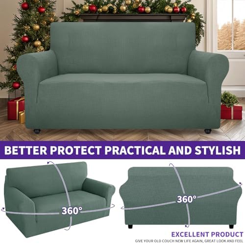 ZNSAYOTX Super Stretch Couch Cover Love Seat Sofa Covers for Living Room Dogs Pet Friendly Furniture Protector Spandex Loveseat Slipcovers with Anti Slip Foam Sticks (Pea Green, Loveseat) - Image 2