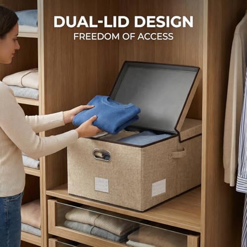 PRANDOM Storage Bins with Lids [3-Pack] Jute Fabric Foldable Storage Boxes Organizer Containers Baskets Cube with Cover for Home Bedroom Closet Office Nursery khaki（23.4X15.9X11.5 - Image 3