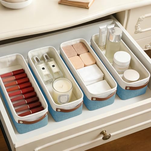 Bagnizer Small Fabric Storage Baskets, 15x6x5 inch Narrow Storage Bins 4-Pack Long Storage Basket for Organizing with Handles, Decorative Basket for Closets, Shelves, Toilet Paper, Teal - Image 6