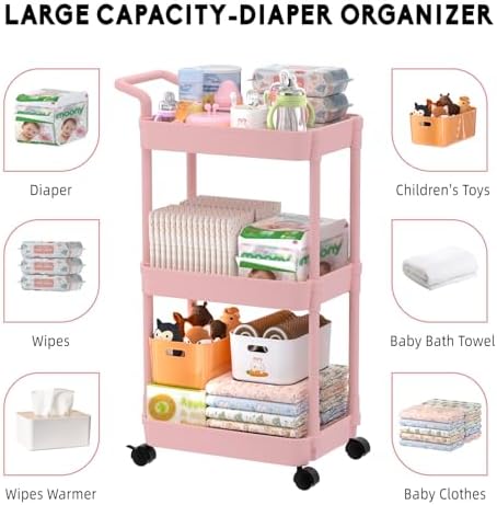 Volnamal Diaper Caddy, 3 Tier Rolling Cart for Baby Essentials, Pink - Image 5