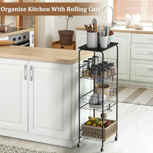 Rolling Kitchen Cart with Top Panel, 4-Tier Rolling Utility Cart with Hooks - Image 2