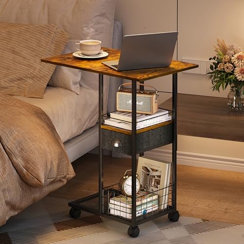 Rolling C-Shaped Side Table with Wheels and Oversized Wood Top, Mobile Overbed Stand with Drawer for Bed or Sofa, Metal Frame Couch Companion for Living Room, Bedroom, or Home Office (Large Desktop) - Image 7