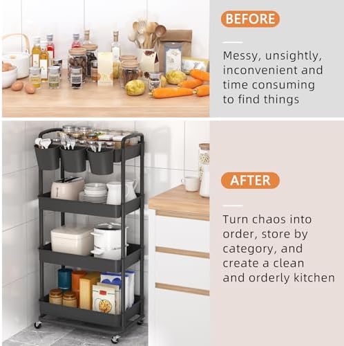 JIUYOTREE 4-Tier Plastic Rolling Storage Cart Utility Cart with Extra Hanging Cups Handles Lockable Wheels for Living Room Bathroom Kitchen Office Black - Image 5