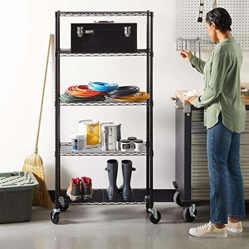 Amazon Basics 5-Shelf Heavy Duty Garage Shelving Storage Rack with 4" Wheel Casters, Adjustable Metal Wire Organizer, 300 lbs Per Shelf, 30" x 14" x 64.75", Black - Image 2