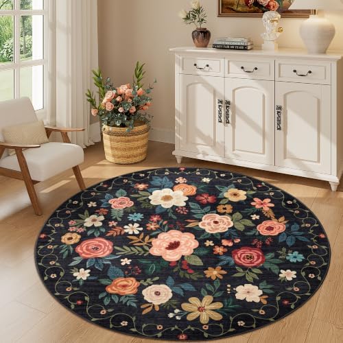 DUKINO 5ft Round Rug, Non Slip Floral Washable Small Circle Rug, Black - Image 4