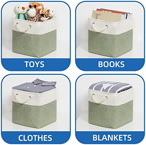 Temary Cube for Shelves 11 Inch Bin 4Pack Fabric Storage Baskets for Organizing Toys, Clothes, Decorative Baskets with Rope Handles (White&Green) - Image 5