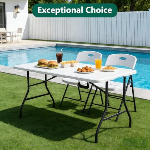 Folding Table 5FT Heavy Duty Plastic Table with Handle, Foldable&Portable, Fold-in-Half Utility Tables for Outdoor, Dining, Wedding, Events, Indoor, Picnic, Camping, Party,White - Image 4