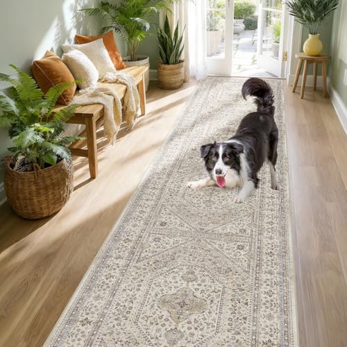 2x10 Washable Hallway Runner Rug - Non-Slip Vintage Kitchen Rugs Beige Gray by Puino