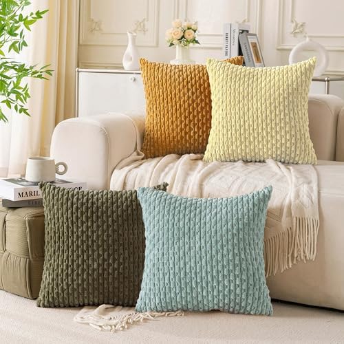 Set of 4 Pale Yellow Decorative Throw Pillow Covers 20x20 Inch Corduroy Pillow Covers for Bed Couch Sofa Living Room Soft Square Cushion Cases - Image 3