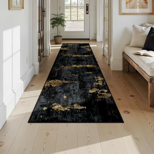RELEANY Washable Runner 2'6"x10' Abstract Area Rug for Hallway Black Gold - Image 2