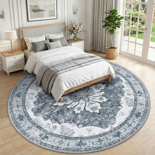 RELEANY Washable Area Rug, Round 10ft, Grey/White/Beige - Image 2