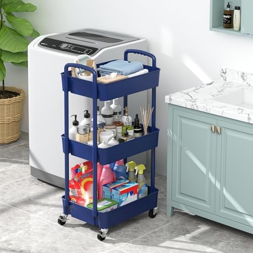 Sywhitta 3-Tier Plastic Rolling Utility Cart with Wheels for Storage,Blue - Image 4