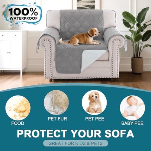 Turquoize 100% Waterproof Couch Cover Sofa Covers for 1 Cushion Couch Chair Covers Triple Non-Slip Washable Furniture Protector Cover for Pets, Kids, Dog (Chair 23", Light Gray) - Image 2