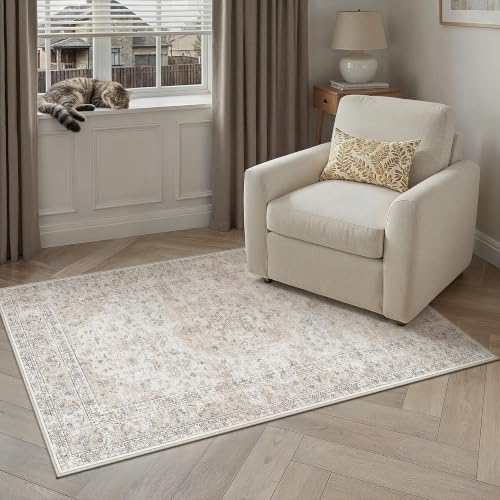 4x6 Washable Area Rug Beige Grey Non Slip Vintage Carpet - Image 2