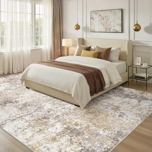 Nakagishi 10X14 Area Rugs for Living Room: Washable Modern Abstract Rug with Non-Slip Silicone Backing Low Pile Soft Carpet for Bedroom & Dining Decor Ideal for Families with Kids and Pets-Brown - Image 4