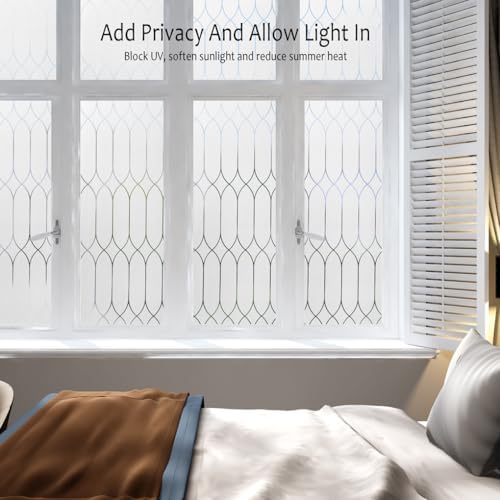 Privacy Window Film Decoration, Heat Control Window Tint for Home, Static Cling Glass Door Coverings Window Sticker Removable Non-Adhesive UV Blocking, Frosted Film w/Clear Morocco Lines, 35.4"x118" - Image 3