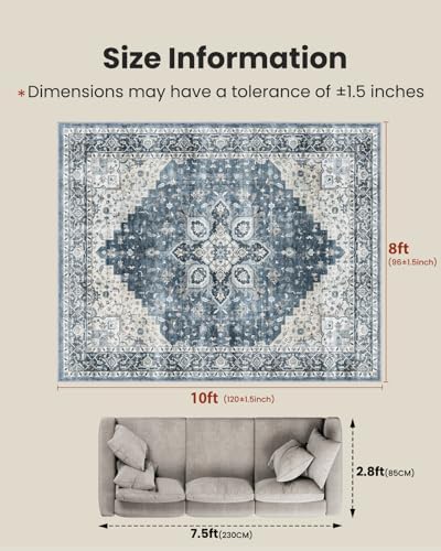 AMADA HOMEFURNISHING 8x10 Washable Area Rug, Low-Profile with Non-Slip Backing & Durable Edge Binding, Vintage Large Rugs for Living Room, Bedroom, Dining Room, Blue - Image 2