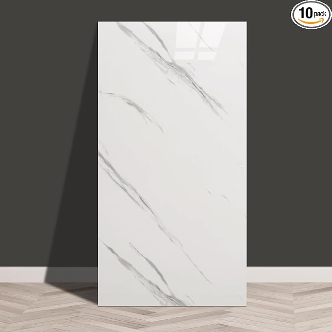 Haimin Wall Panels Peel and Stick 10 Pieces 23.6x11.8in (19.4 Sq. Ft. Coverage) Lightweight Backsplash Marble Look Tile (not Real Marble) Ideal for Kitchen Bathrooms Living Rooms Bedrooms (White-JSB) by HaiminHomeDecorWallpaper