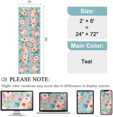 DUKINO 2x6 Runner Rug, Floral Washable Rug for Kitchen Non Slip, Teal - Image 2