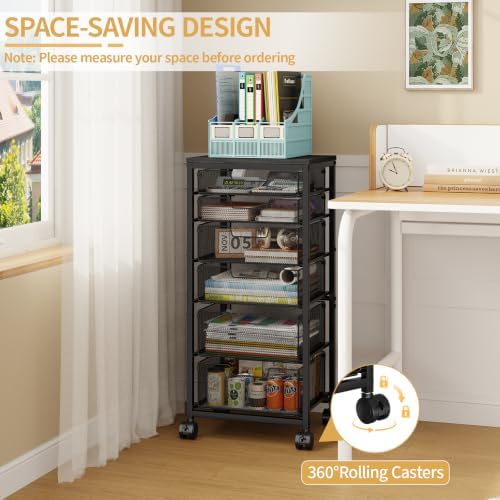 Sbanmao 6 Drawers Rolling Utility Cart, Rolling Storage Cart with Wooden Tabletop, Storage Drawer Cart on Lockable Wheels, Craft Cart for Bedroom, Classroom, Office, Black - Image 4