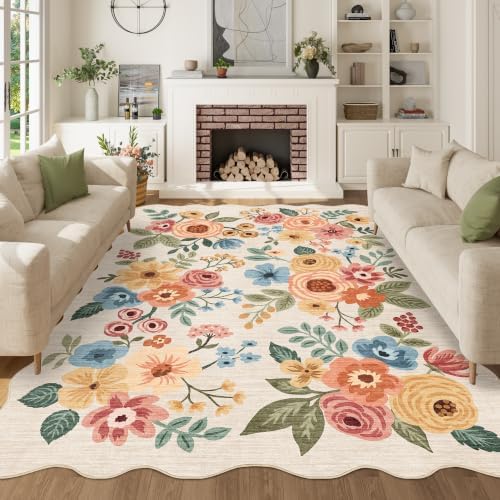 DUKINO 5x7 Area Rugs for Bedroom, Floral Washable Rug Non Slip Beige Yellow by DUKINO