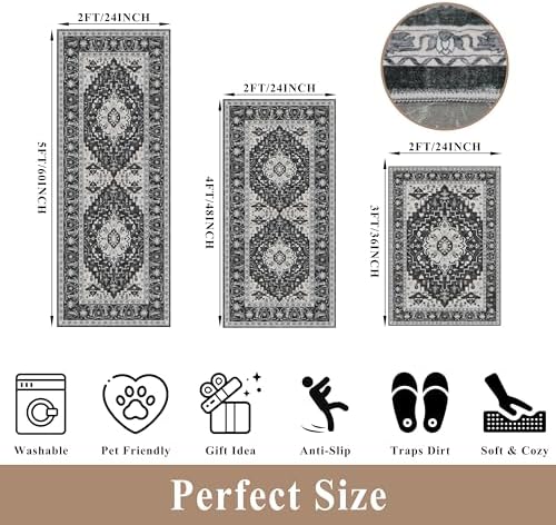 3-Piece Non-Slip Machine Washable Kitchen Rug Set with Runner – Soft Low Pile Thin Boho Kitchen Rugs for Hardwood Floor, Sink & Entryway, Pet-Friendly (Dark Grey, 2x3,2x4,2x5) - Image 2