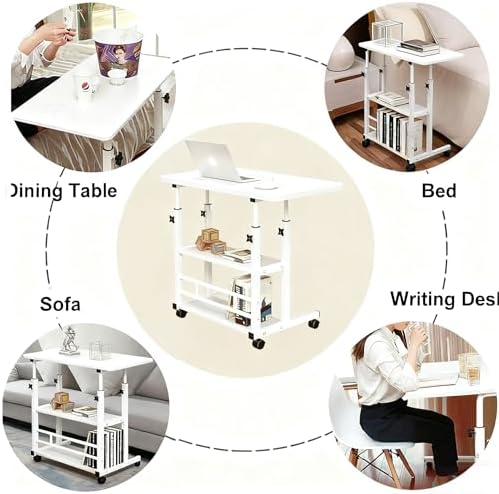 VebaCidi Medical Overbed Bedside Table with Two Shelves and Wheels (Hospital and Home Use), 31 1/2" Desk with Non Tilt Wooden Top, Adjustable Height (White) - Image 3