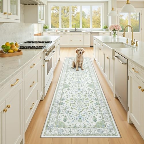 RELEANY Washable Area Rug, Runner 2'x8', Green/White/Blue by RELEANY
