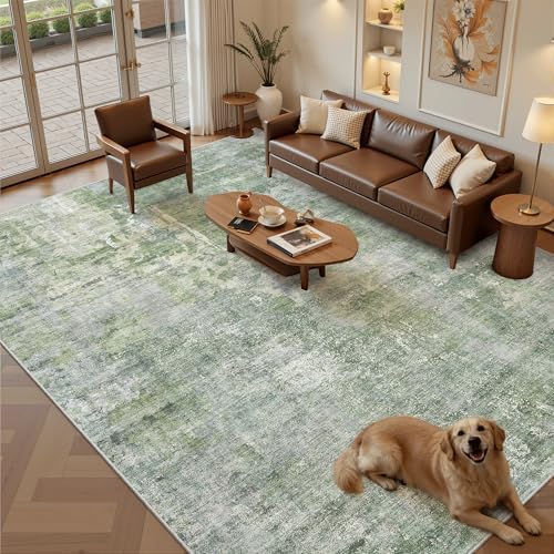 Soalmost 9x12 Area Rugs for Living Room Washable Rug Abstract Green/Ivory - Image 2