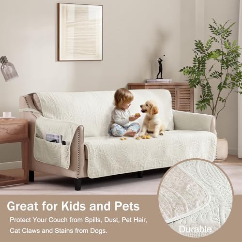 Stay in Place Ivory White Quilted Loveseat Couch Cover for 2 Cushion Couch, Water Repellent Love Seat Quilted Sofa Covers Washable, Pet Friendly Slipcovers (Loveseat 48", Ivory White) - Image 2