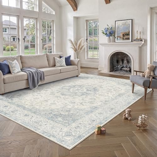 9x12 Blue Washable Area Rug Non Slip Vintage Carpet - Image 2