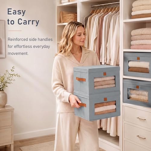 DIMJ Storage Bins with Lids - 4 Pack Front Opening Stackable Fabric Storage Boxes with Clear Window & Handles, Collapsible Closet Organizers for Clothes, Sweaters, Shelf Storage, Bedroom, Gray - Image 5