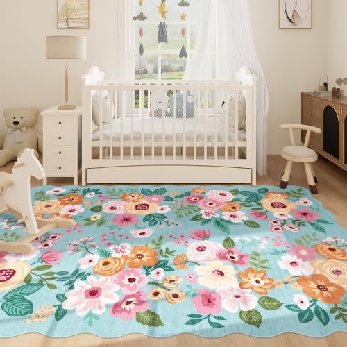 DUKINO 6x9 Area Rugs, Floral Washable Rug for Living Room Non Slip, Teal - Image 3