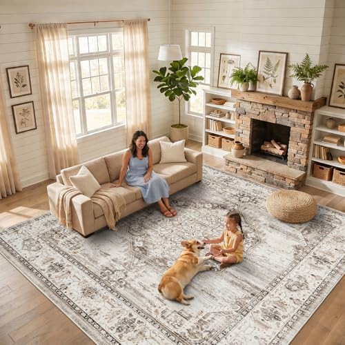 12x12 Square Area Rug: 12ft Square Washable Living Room Rugs Ultra Thin Soft Oriental Non-Slip Backing Farmhouse Rug Low Pile Thin Stain Resistant Indoor Carpets, 12' x 12' Beige by YOUFORTONG