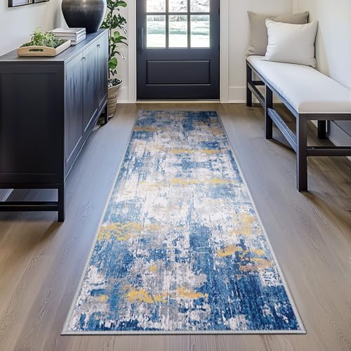 RELEANY Washable Runner 2'x8' Abstract Area Rug for Hallway Blue Gold - Image 4