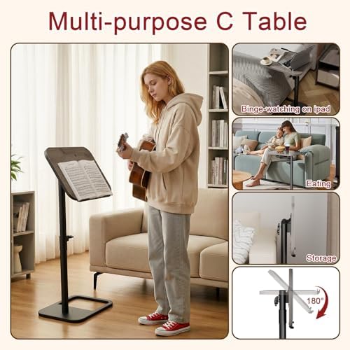 Height Adjustable Tv Trays Table for Sofa, Modern Angle Adjustable 360° Swivel and 180° Tilt Flip-Over Panel C Shaped Side Tables with Tablet Slots for Phone Computer (Grey) - Image 6