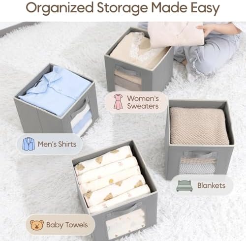 Homsorout Storage Cube 11 Inch - Cube Storage Bins with Window, Closet Storage Baskets with Handle, Fabric Bins for Closet, Shelves, Toys, Clothes, Set of 6, Grey - Image 5