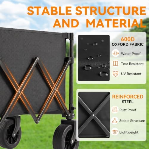 Collapsible Folding Wagon Cart, 220 LBS Heavy Duty Utility Beach Wagon with Adjustable Pull Handle, Compact Foldable Storage Cart for Beach, Camping, Grocery Shopping, Picnic & Outdoor Travel - Image 6